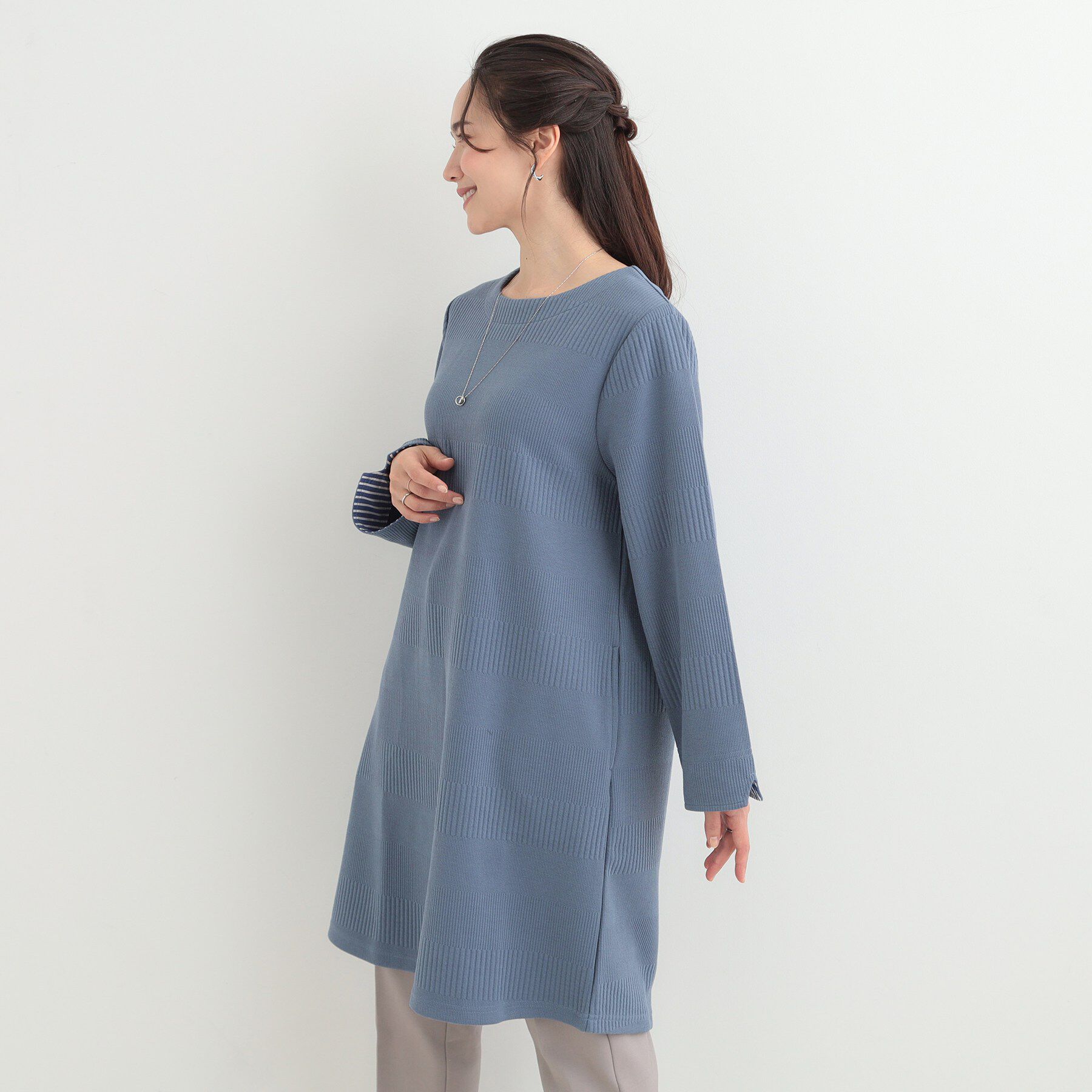 SHOO･LA･RUE「【体型カバー/洗濯機可/S-LL】お袖ストライプAラインチュニック」|チュニック|