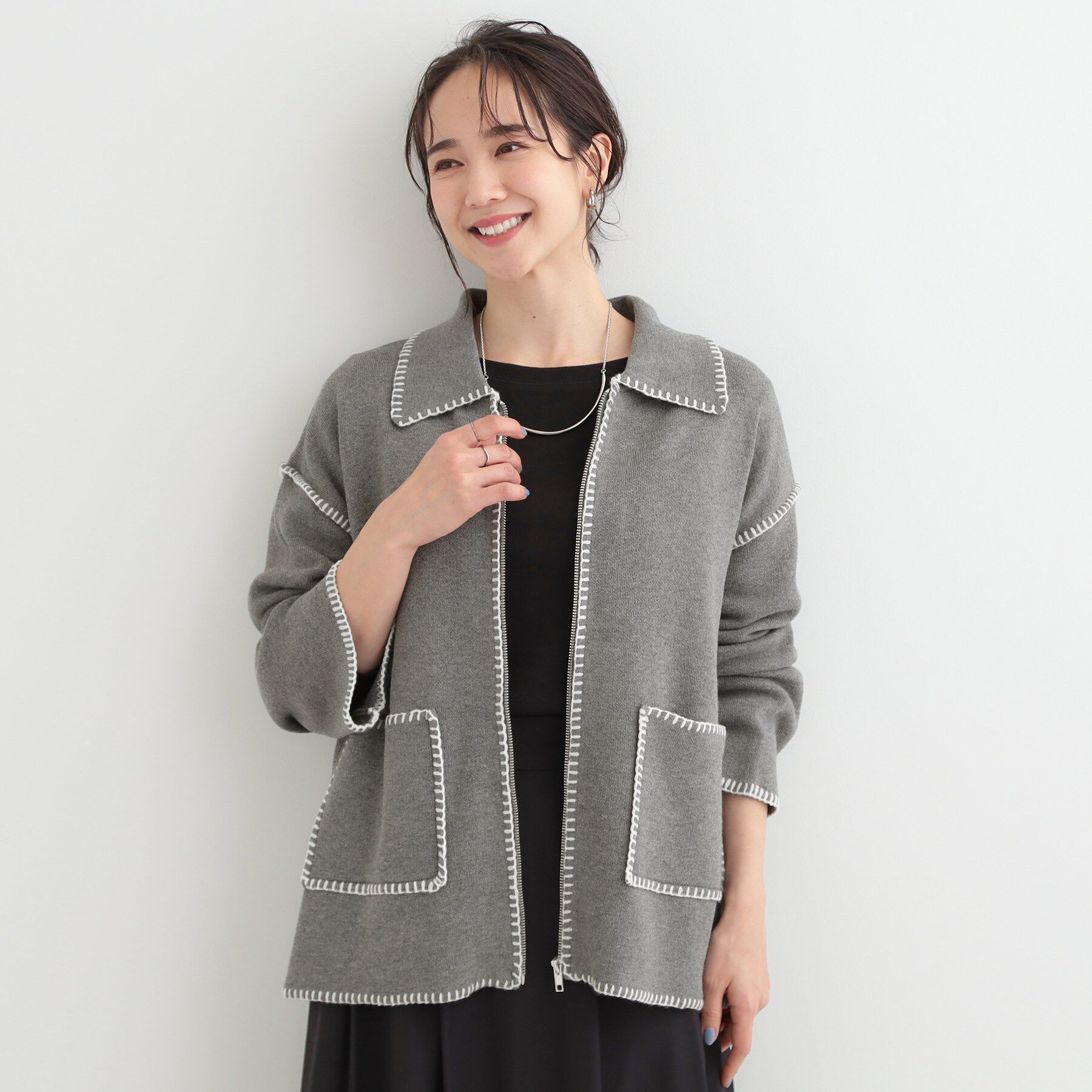 SHOO･LA･RUE「ステッチ襟付きが魅力な ジップニットカーディガン」|カーディガン|