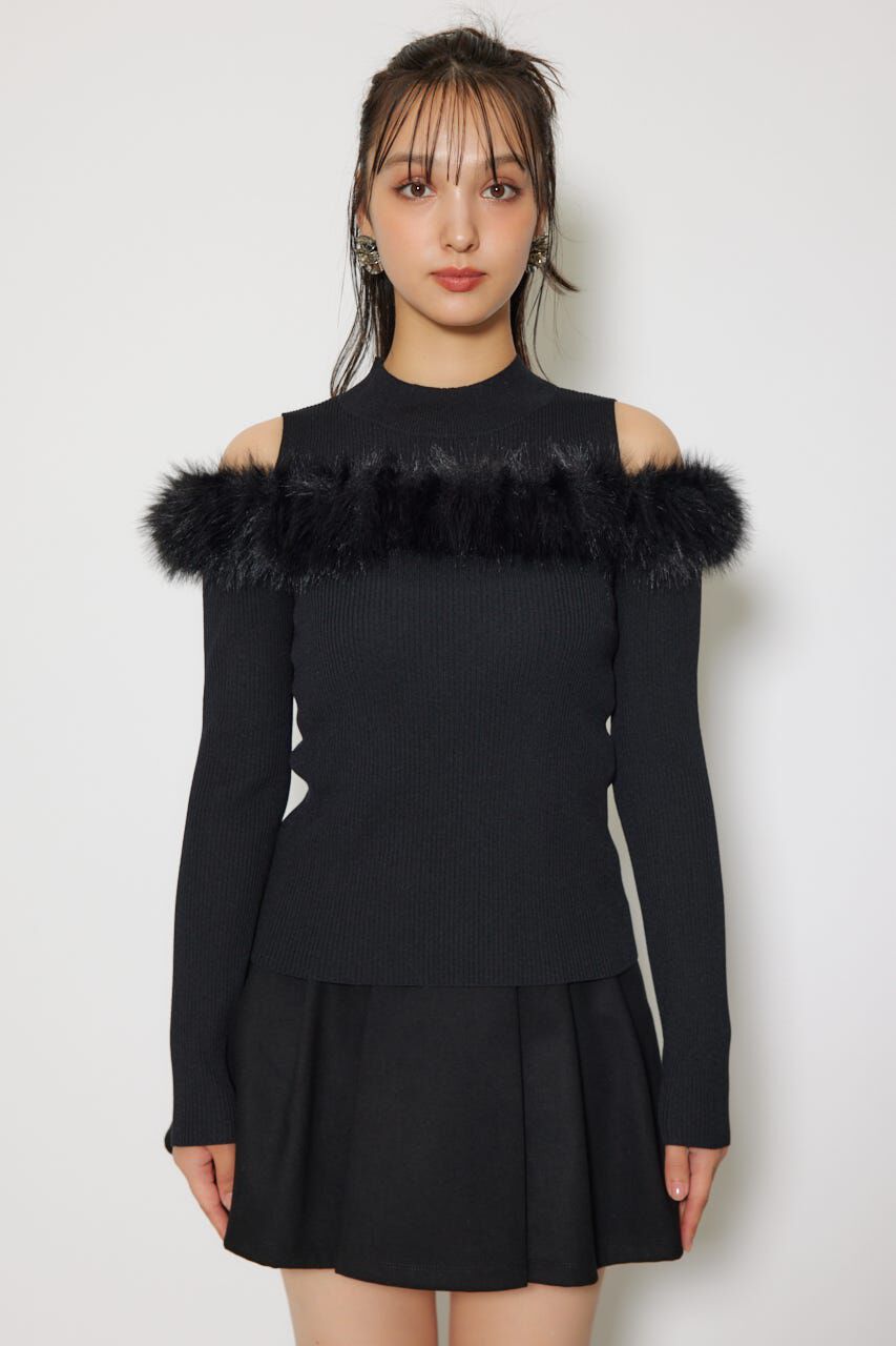 rienda「ショルダーオープンフェイクファーニットトップス」|ニット・セーター|