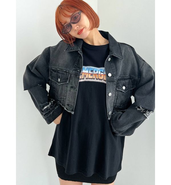 EMODA「スリットスリーブデニムジャケット」|ブルゾン・スタジャン|ブラック