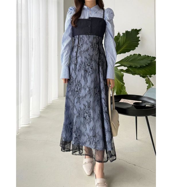 MERCURYDUO「アシメビスチェドッキングパワショルシャツワンピース」|ワンピース|ブルー