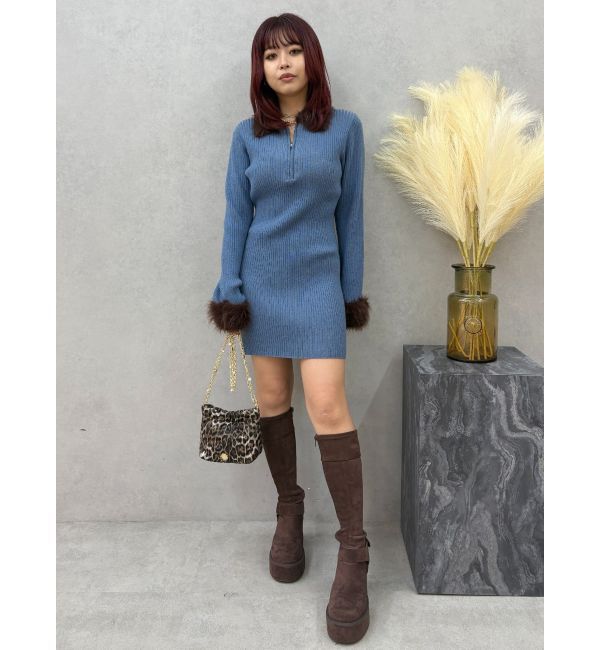 EVRIS「フェザーコンビニットミニワンピース」|ワンピース|ブルー