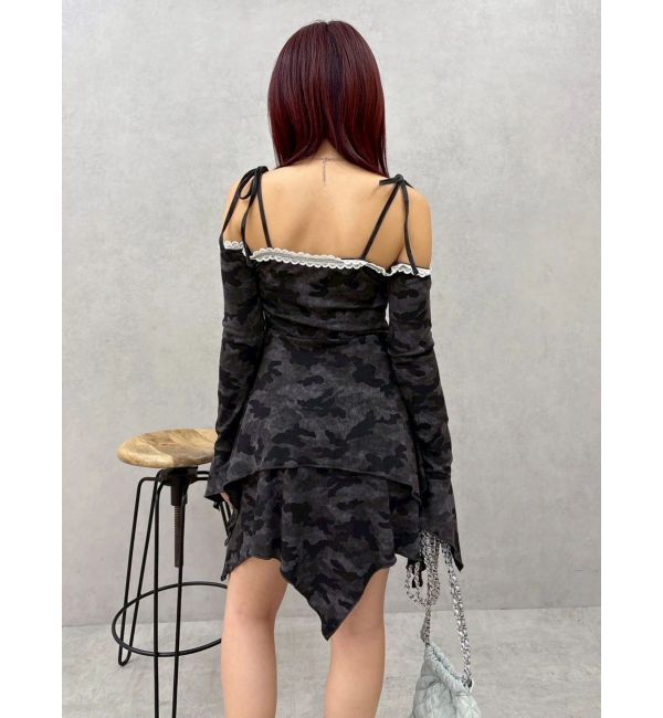 EVRIS「オープンショルダーレースドッキングミニワンピース」|ワンピース|