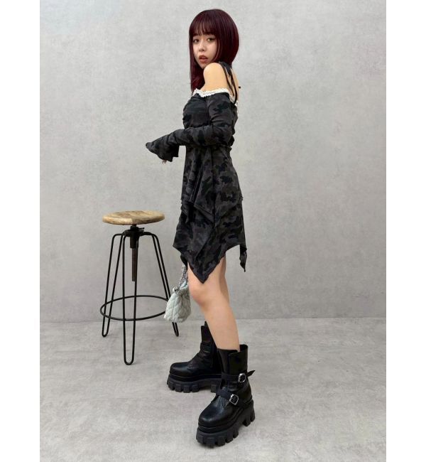 EVRIS「オープンショルダーレースドッキングミニワンピース」|ワンピース|