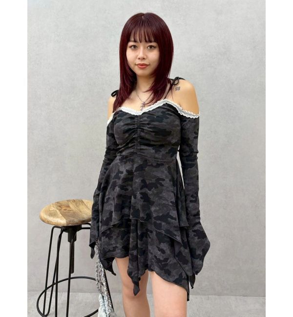 EVRIS「オープンショルダーレースドッキングミニワンピース」|ワンピース|