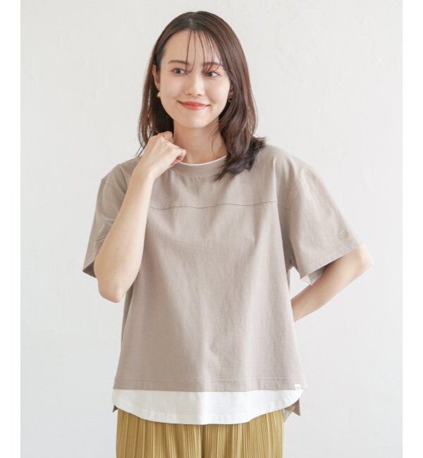 ikka「コットンUSA袖刺繍レイヤーTシャツ」|その他|ベージュ