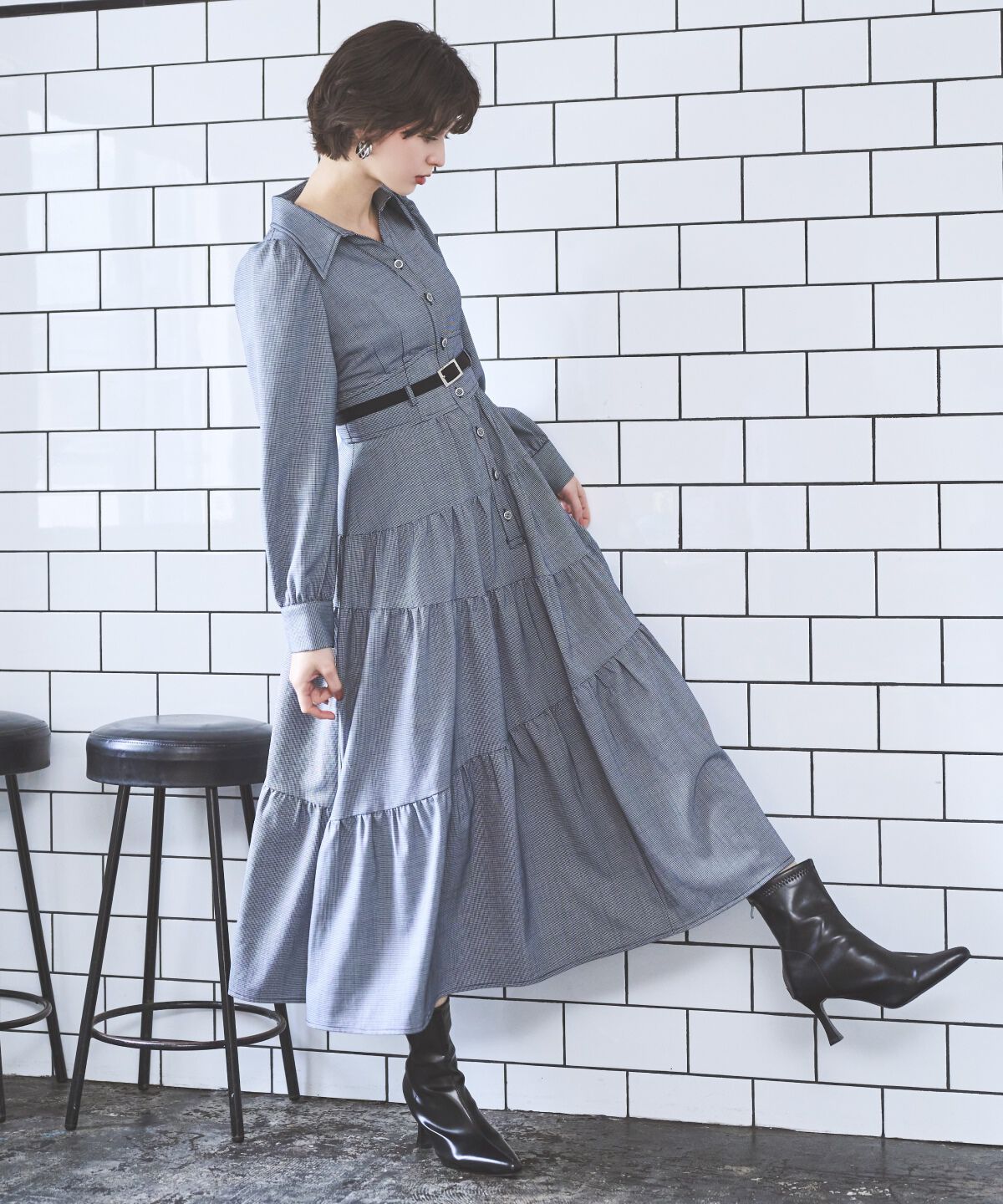 アンドクチュール「ラメ千鳥ティアードシャツワンピース」|ワンピース|