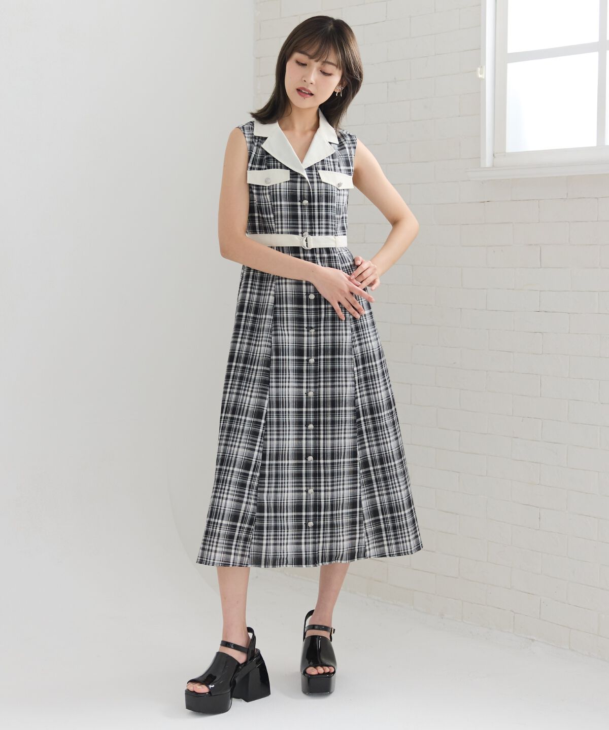 REDYAZEL「バイカラーチェックノースリーブシャツワンピース」|ワンピース|