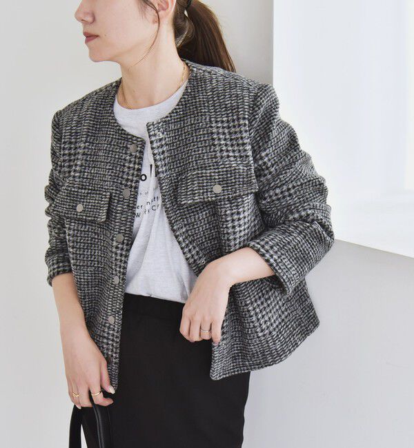 quaranciel「quaranciel: ボンディング チェック ノーカラー ショート ジャケット」|ノーカラーコート|