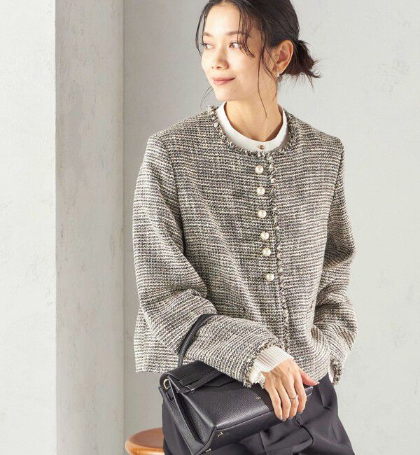 SHIPS for women「トライスピン 杢 ツイード パール モチーフ ボタン ジャケット（セレモニー対応可）」|ノーカラージャケット|ブラック