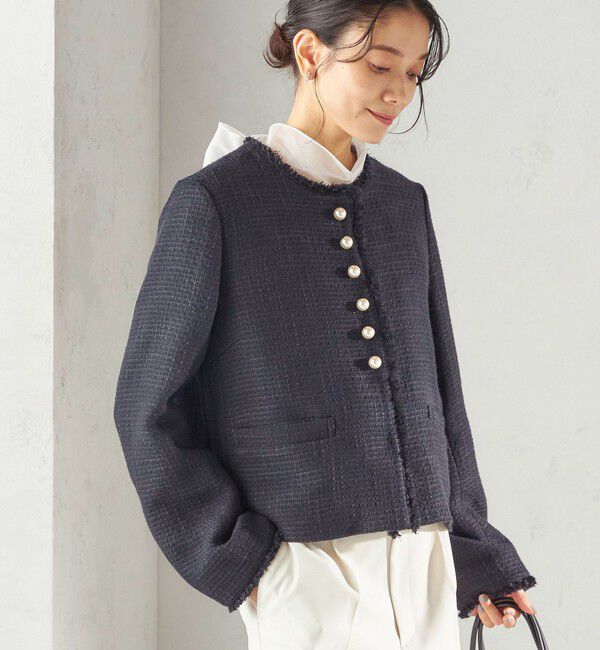 SHIPS for women「トライスピン 杢 ツイード パール モチーフ ボタン ジャケット（セレモニー対応可）」|ノーカラージャケット|ネイビー