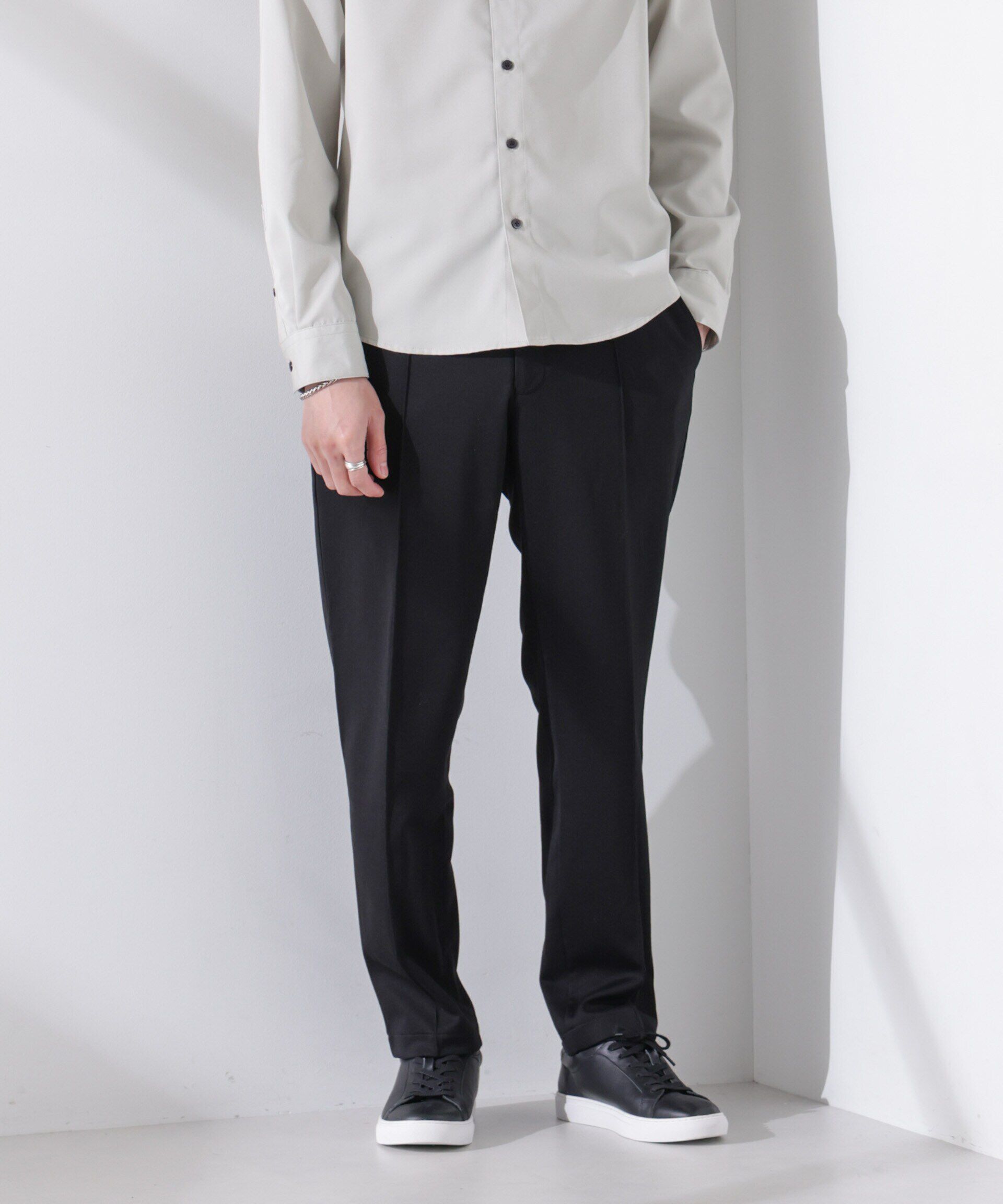 nano･universe「ダブルジャージーテーパードパンツ」|チノ|ブラック