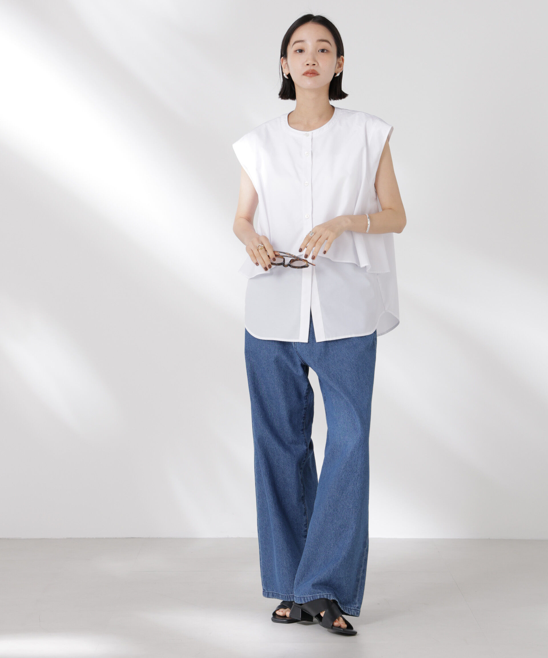 nano･universe「フロントフレアケープカラーノースリーブシャツ」|シャツ・ブラウス|