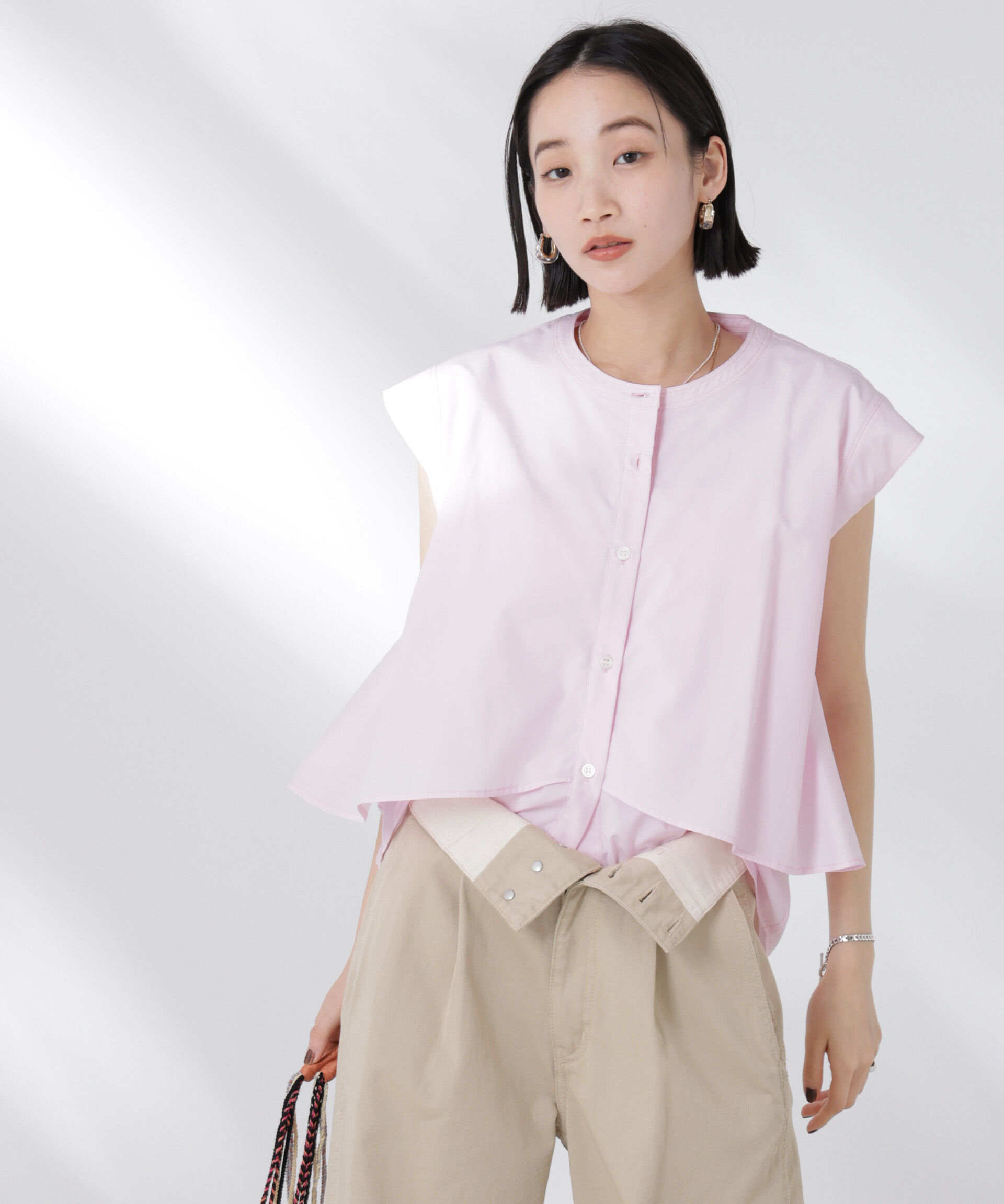 nano･universe「フロントフレアケープカラーノースリーブシャツ」|シャツ・ブラウス|ピンク