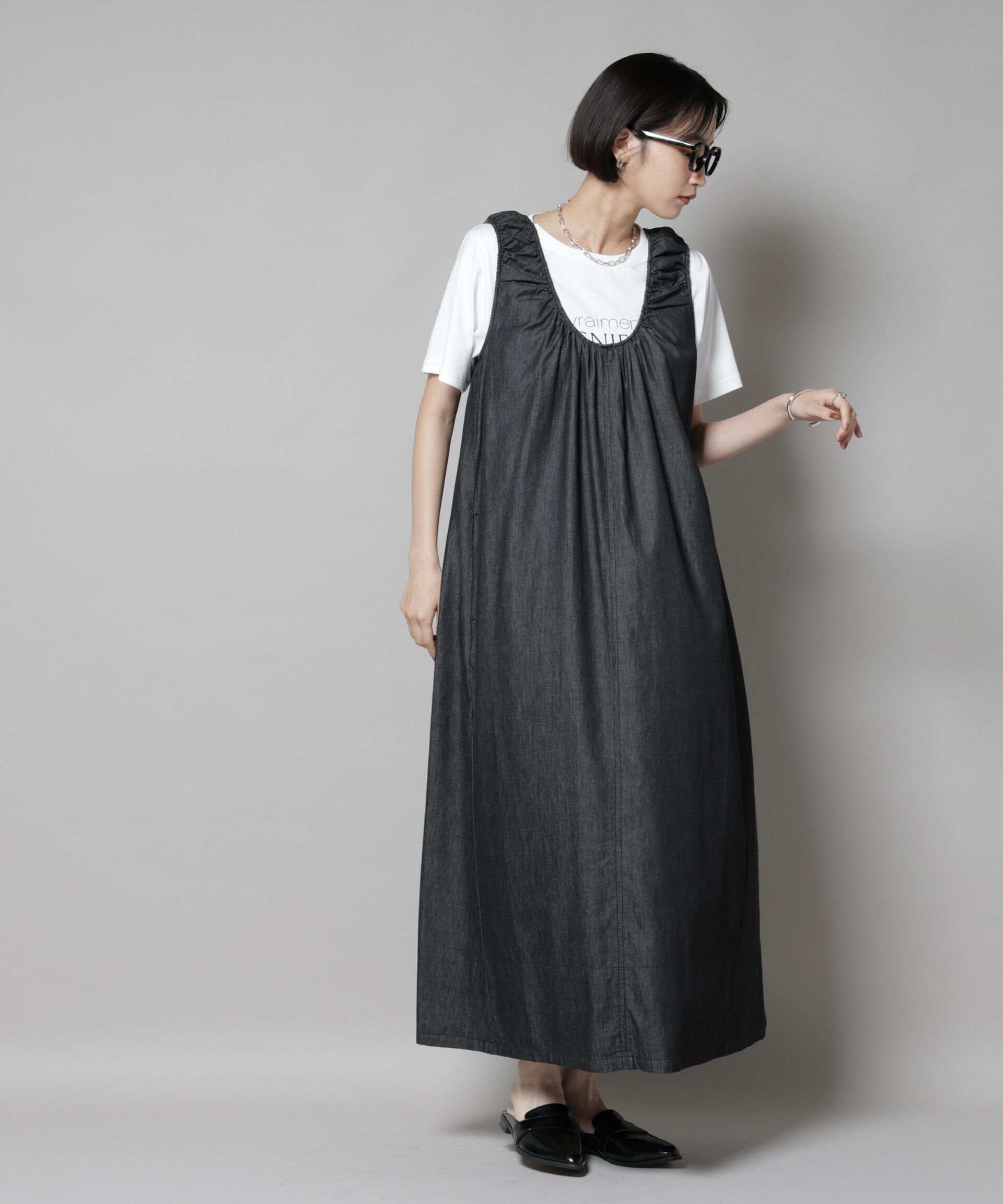 nano･universe「ギャザーデザインフレアデニムワンピース」|ワンピース|