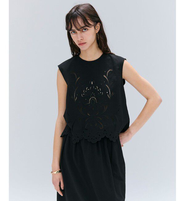 BEIGE,「【洗える】GALLERIA / コットンエンブロイダリーノースリーブブラウス」|シャツ・ブラウス|Black