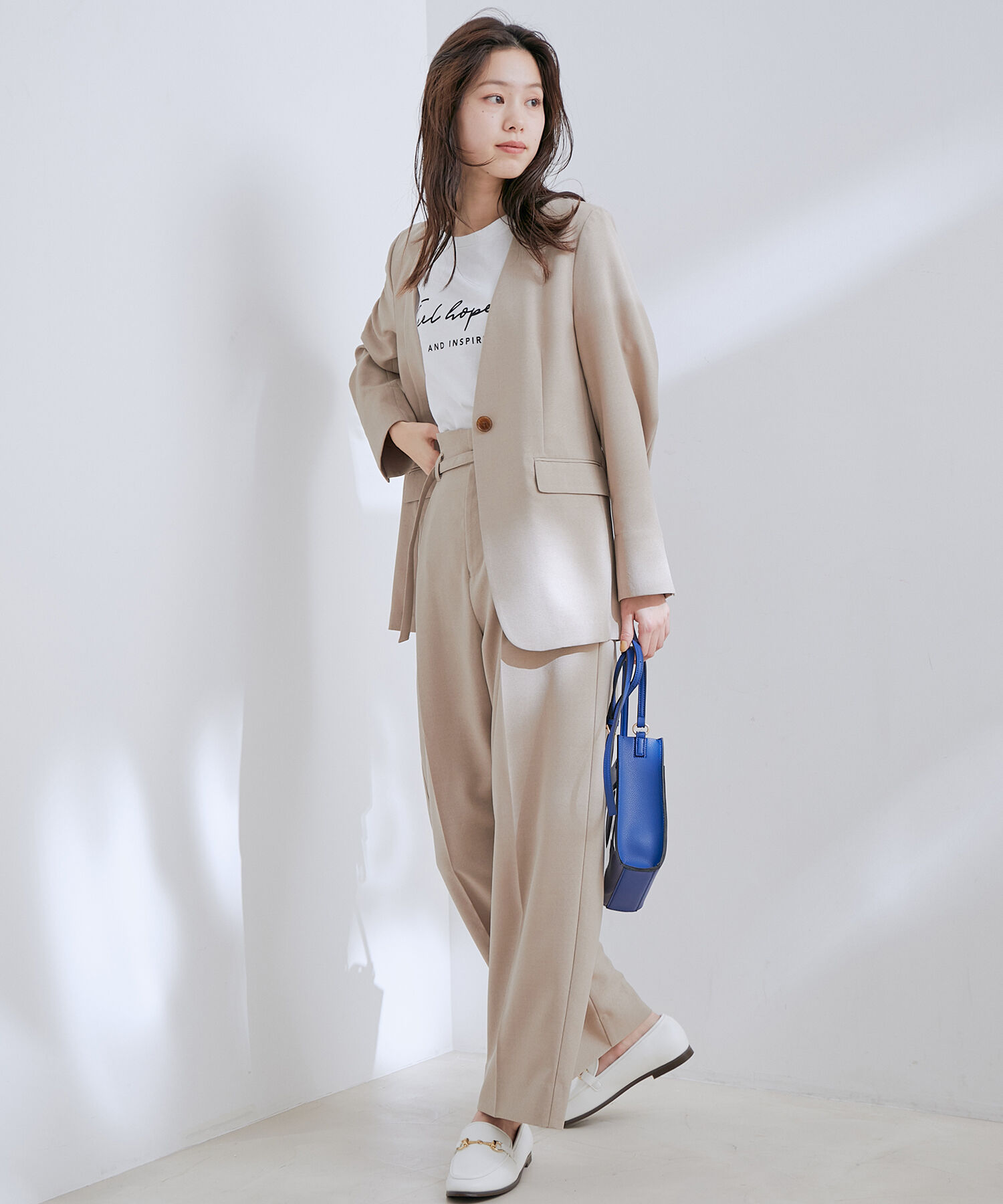 VIS「【洗える・接触冷感】美easyノーカラーVネックジャケット【セットアップ対応】」|ノーカラージャケット|