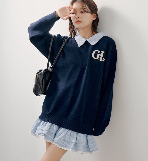  「【マルチway】シャツレイヤードニットワンピース」|ワンピース|ネイビー