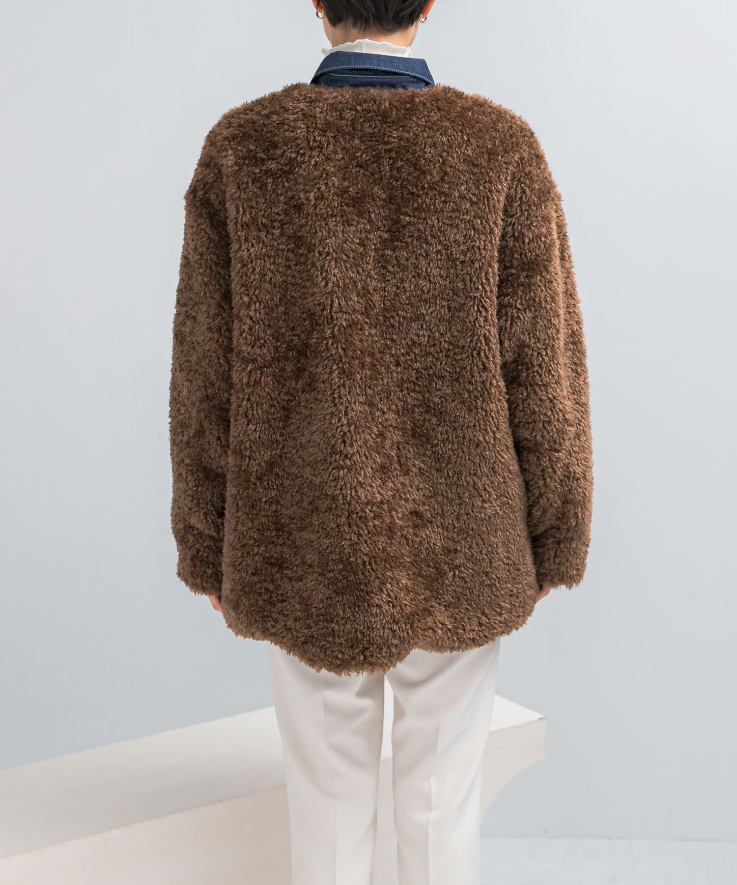 URBAN RESEARCH ROSSO「『WEB/一部店舗限定』ノーカラーファーボアZIPブルゾン」|ノーカラージャケット|