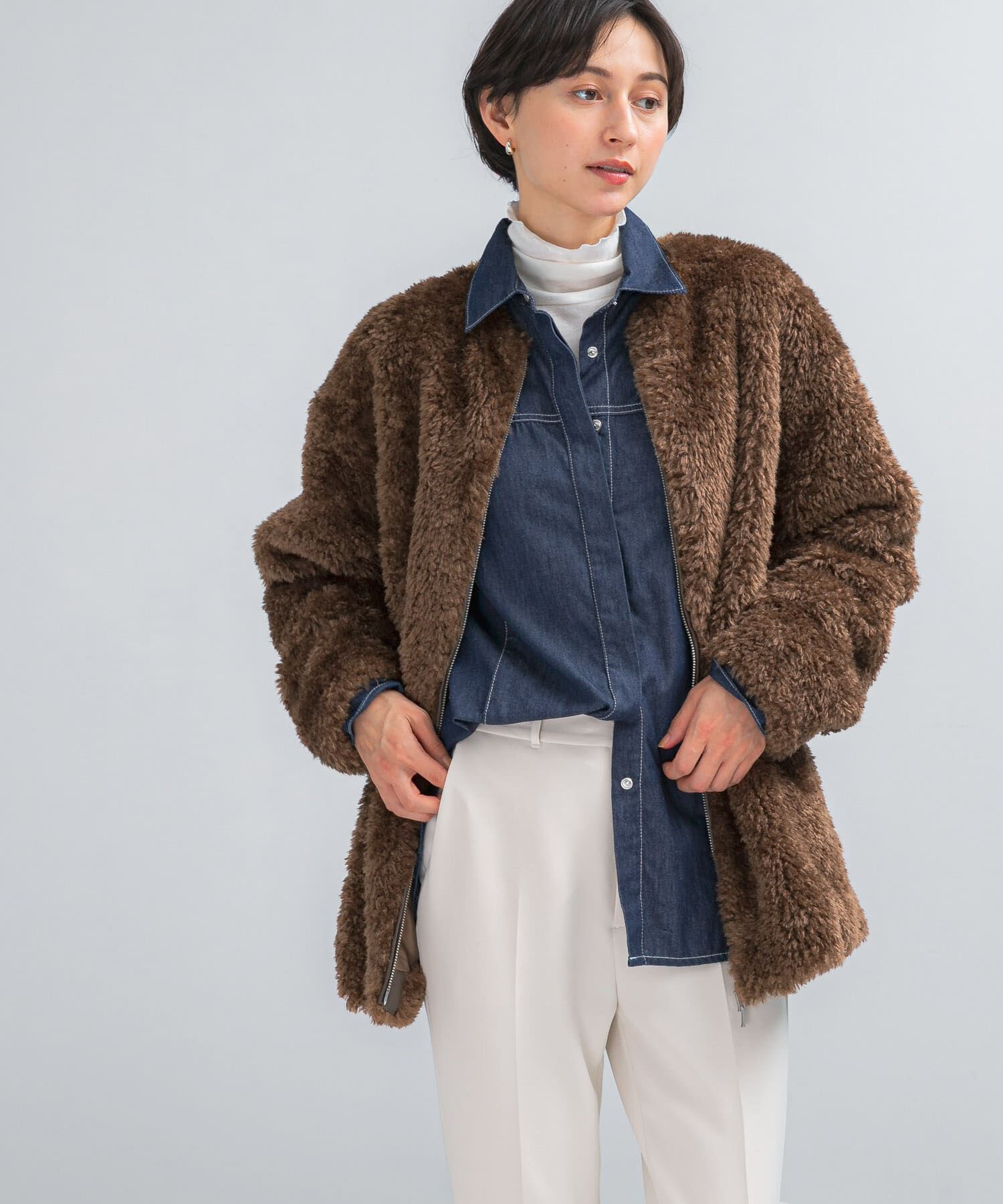 URBAN RESEARCH ROSSO「『WEB/一部店舗限定』ノーカラーファーボアZIPブルゾン」|ノーカラージャケット|