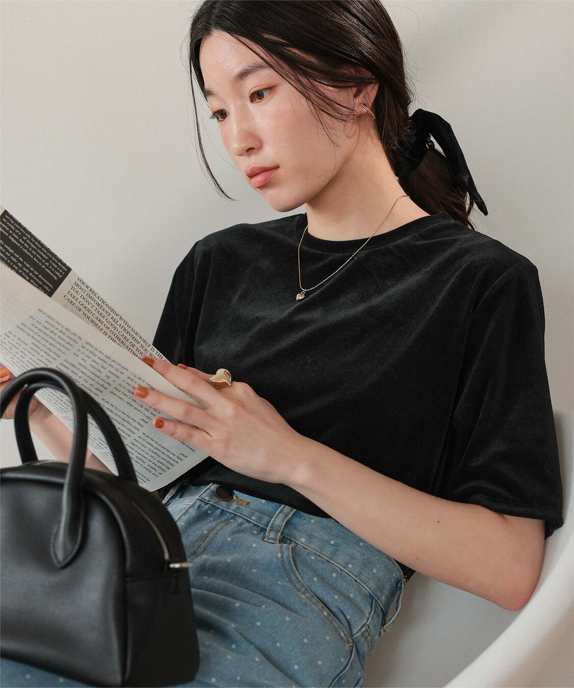 titivate「シアーベロア半袖Tシャツ」|Tシャツ・カットソー|ブラック