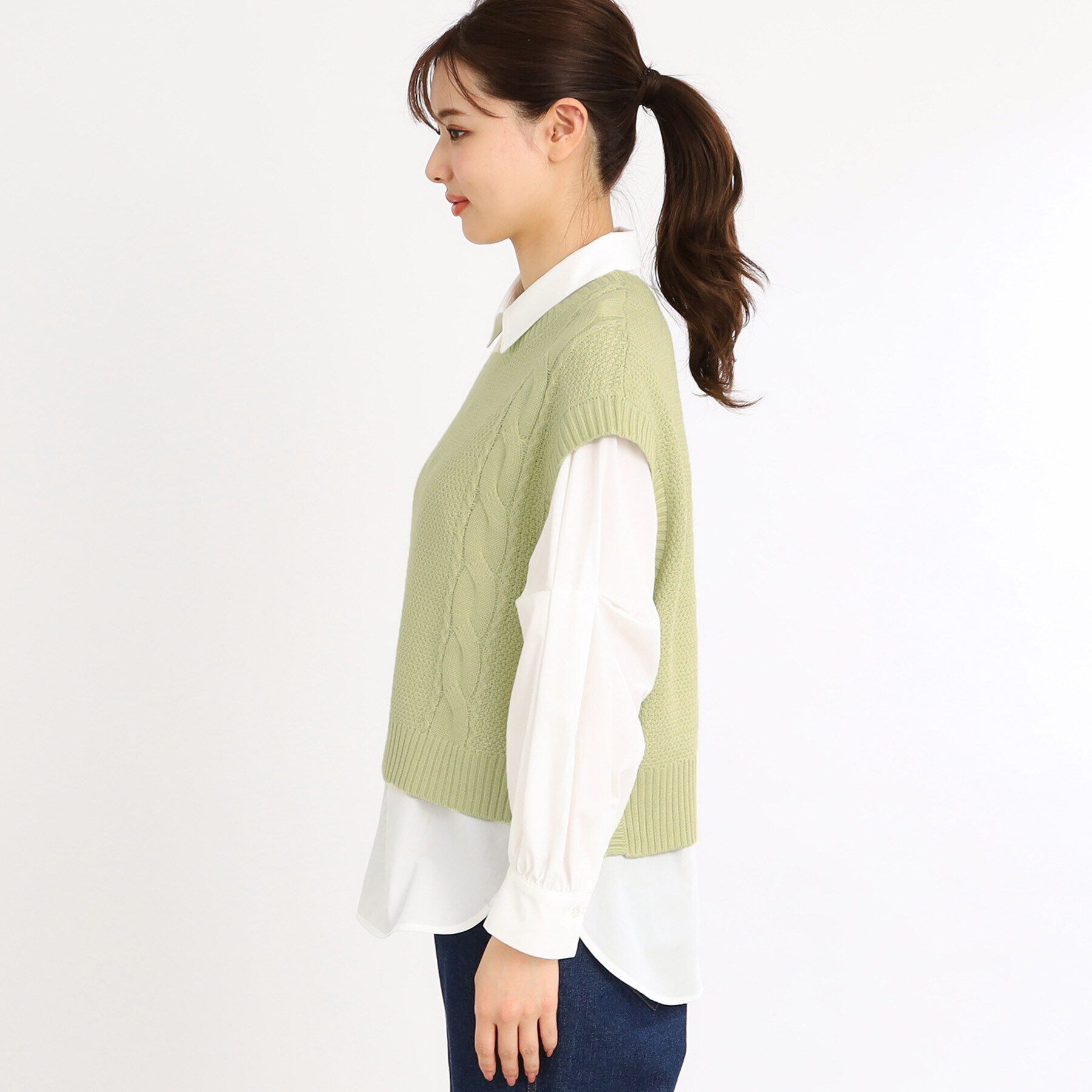 Reflect「【夏SALE／E‐QUALITY／手洗い可】ケーブル編みニットベスト＋シャツセット」|シャツ・ブラウス|