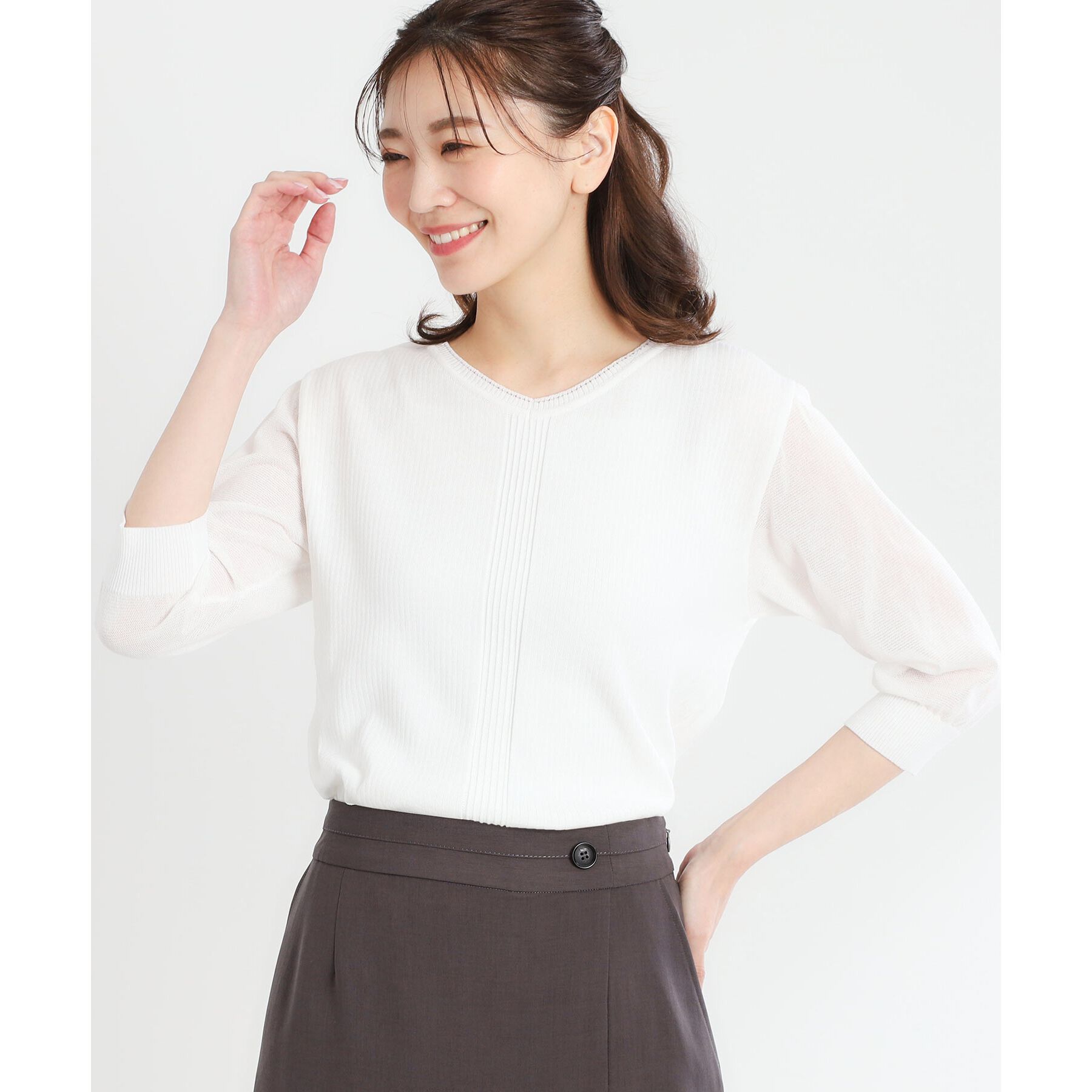 Reflect「【WEB先行カラーあり／手洗い可】透かし柄デザインニット」|ニット・セーター|オフホワイト(003