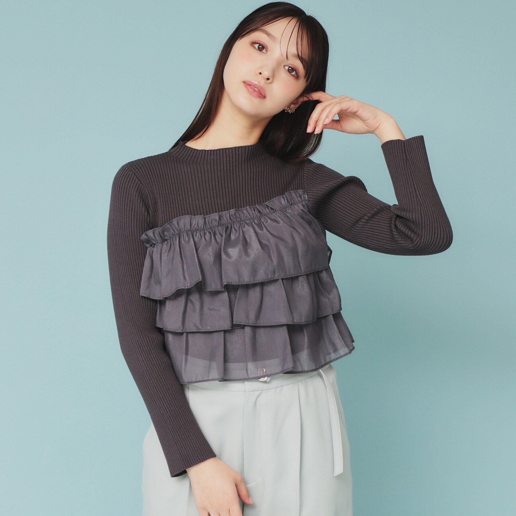 index「《5color》ティアードフリルリブニット【洗濯機洗い可】」|ニット・セーター|チャコールグレー(0