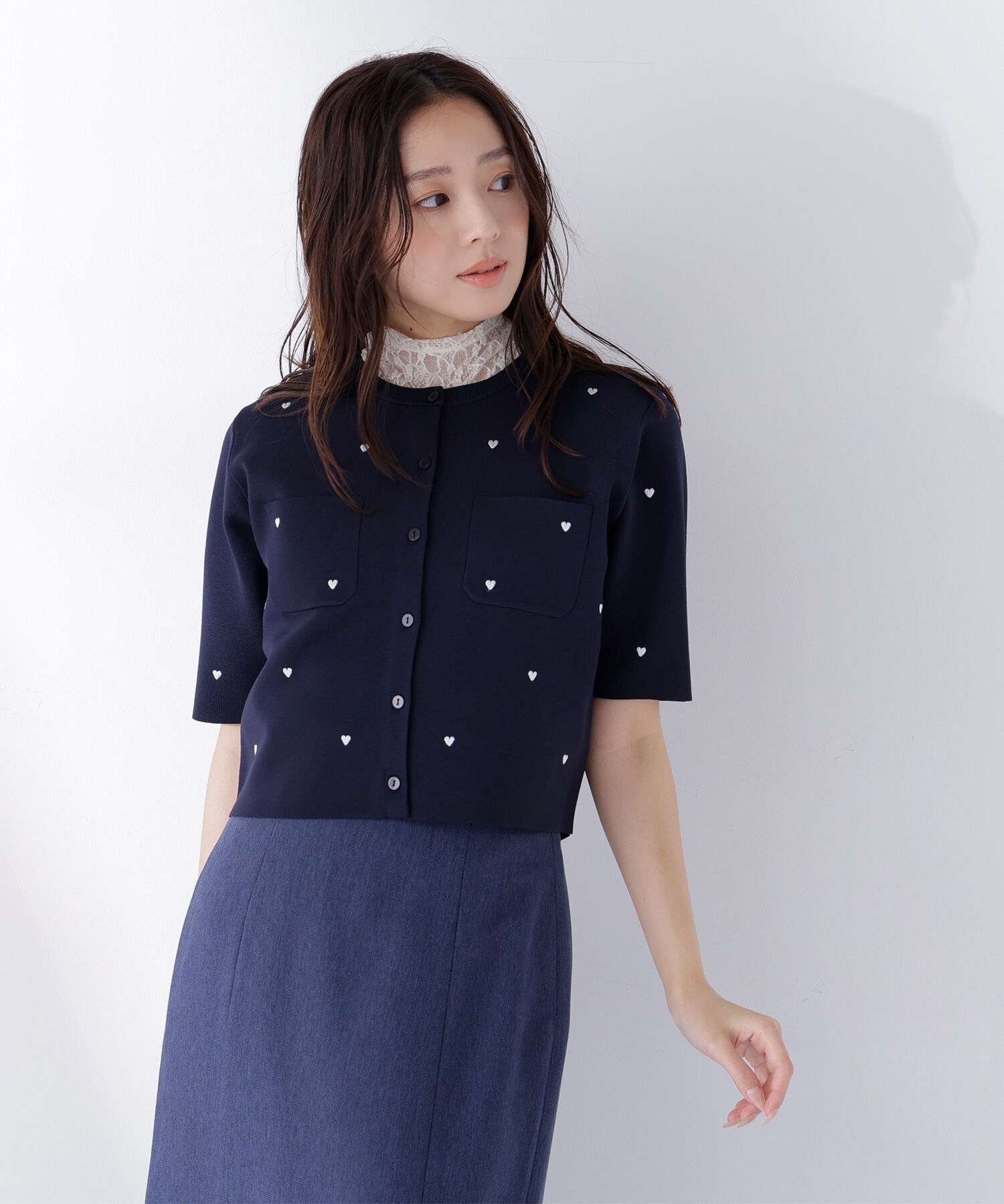  「ハート刺繍ニットジャケット」|ニット・セーター|ネイビー2