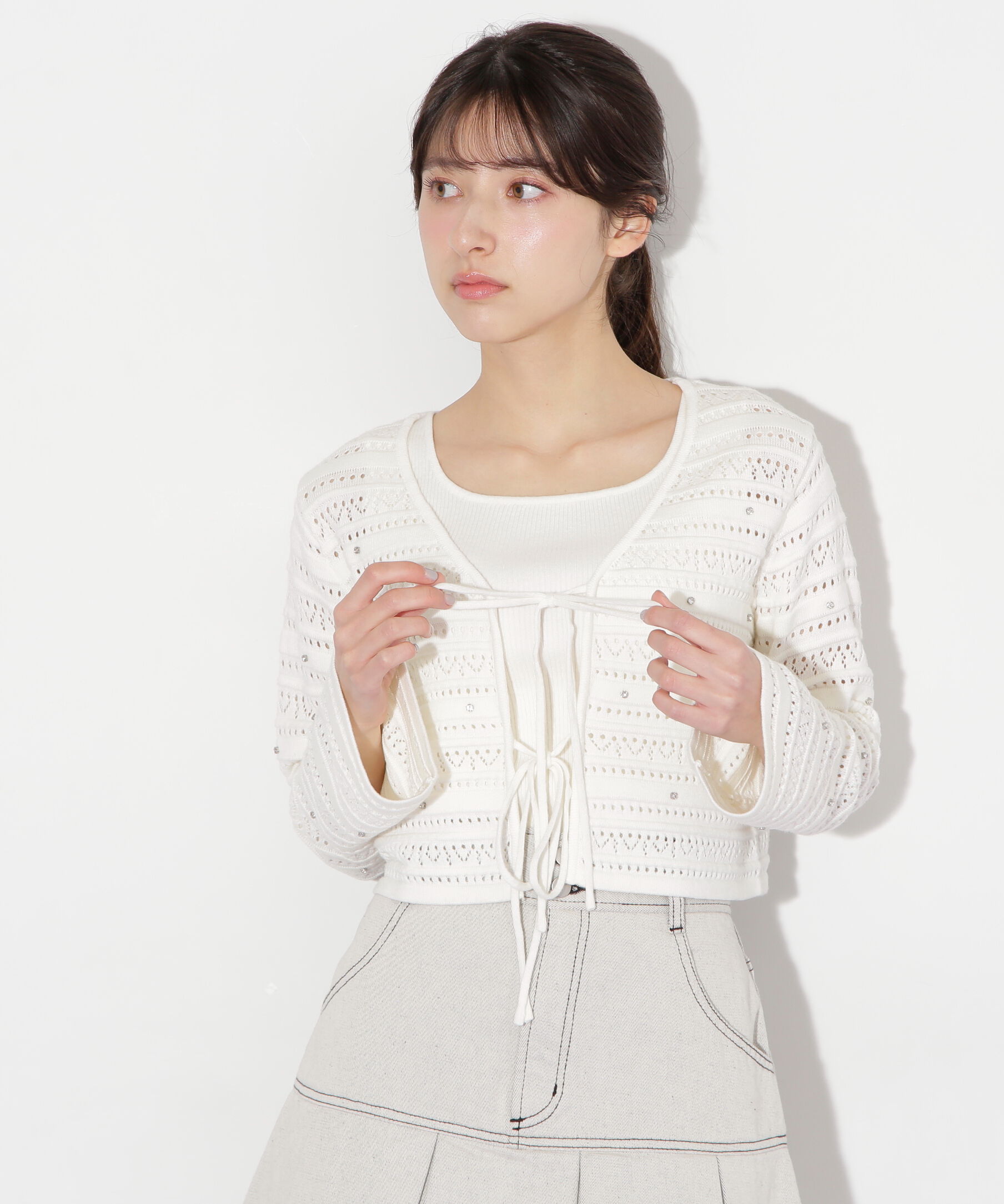  「ビジュー付きカギ編みアンサンブル」|ニット・セーター|