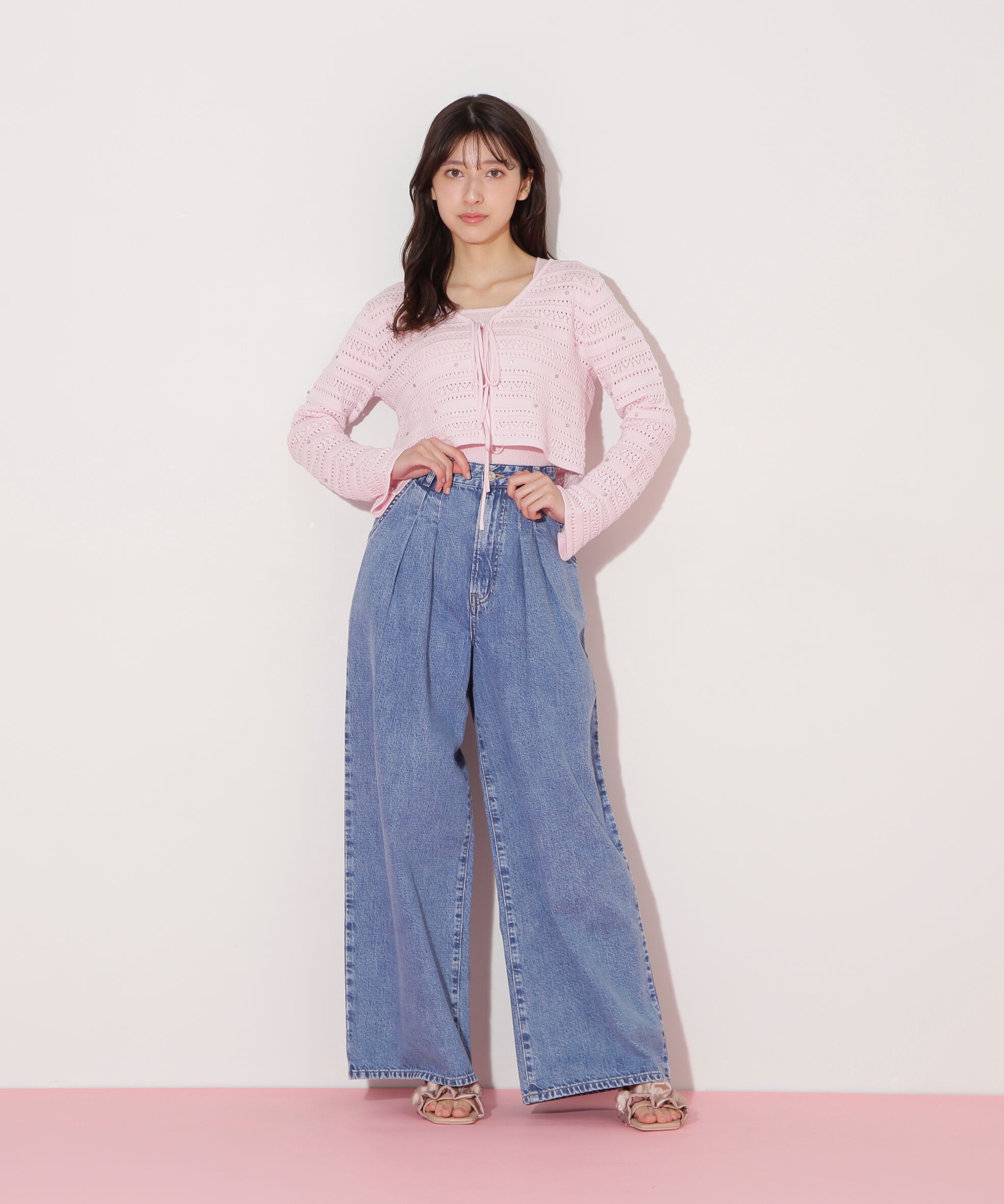  「ビジュー付きカギ編みアンサンブル」|ニット・セーター|