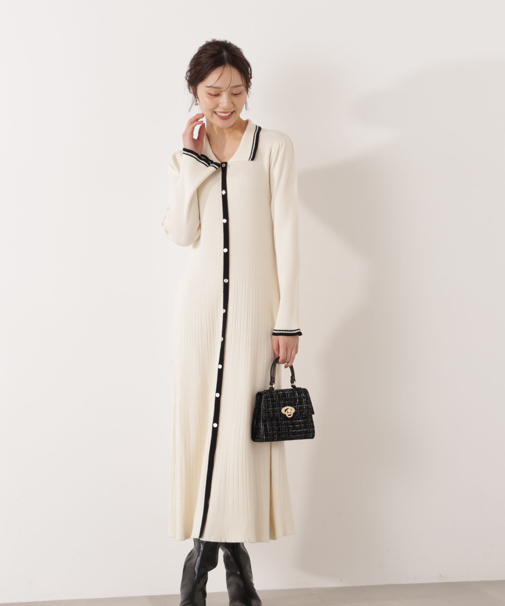 PROPORTION BODY DRESSING「《EDIT COLOGNE》バイカラー衿ニットワンピース 25AW」|ワンピース|