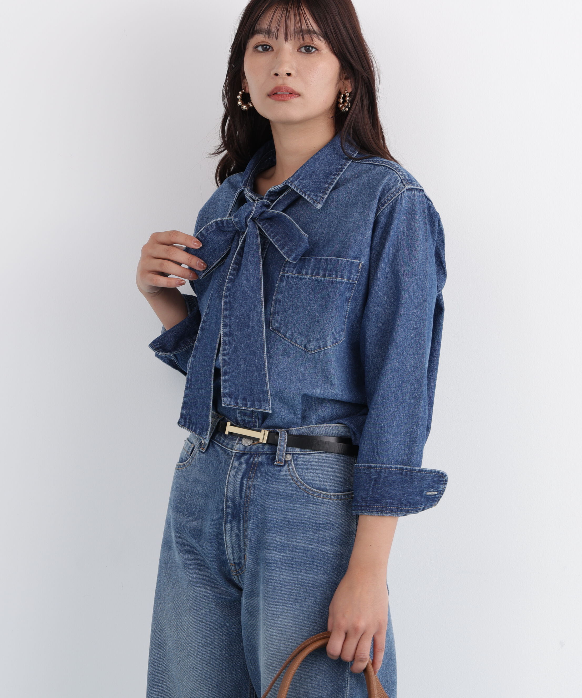  「ネックリボンデニムシャツ」|シャツ・ブラウス|