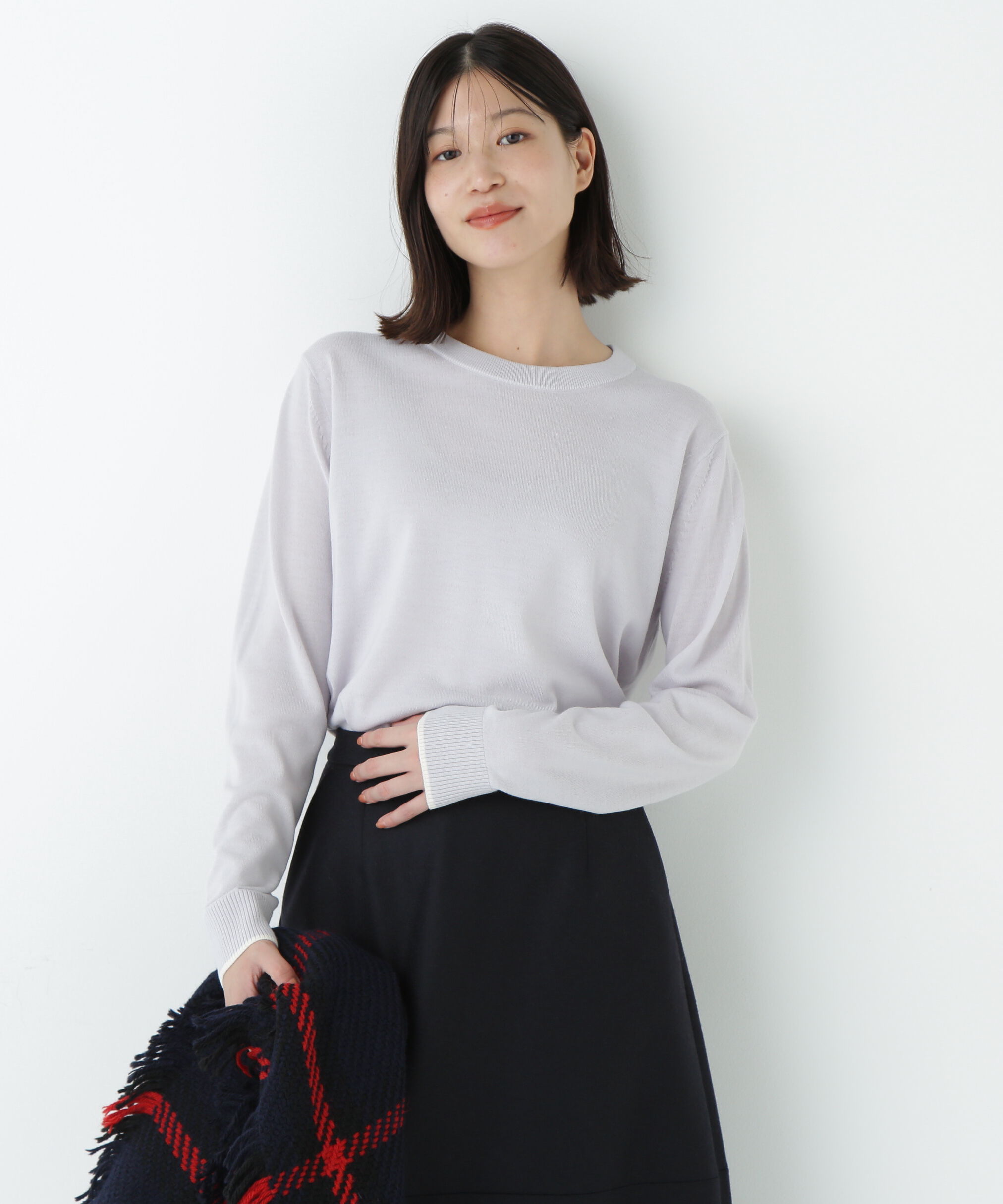  「梳毛ライン入りニットプルオーバー」|ニット・セーター|グレー