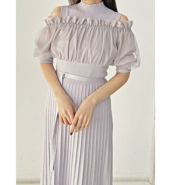 MERCURYDUO「異素材ドッキングオフショルニットハーフスリーブワンピース」|ワンピース|