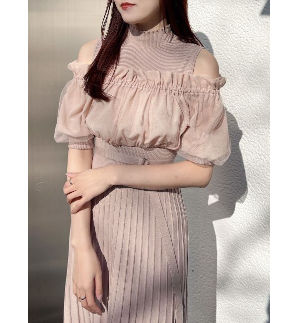 MERCURYDUO「異素材ドッキングオフショルニットハーフスリーブワンピース」|ワンピース|ベージュ