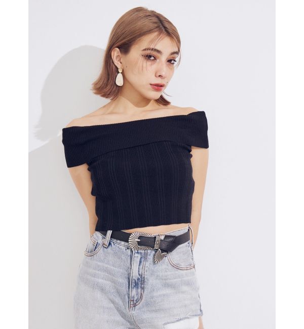 EVRIS「オフショルリブニットトップス」|ニット・セーター|ブラック