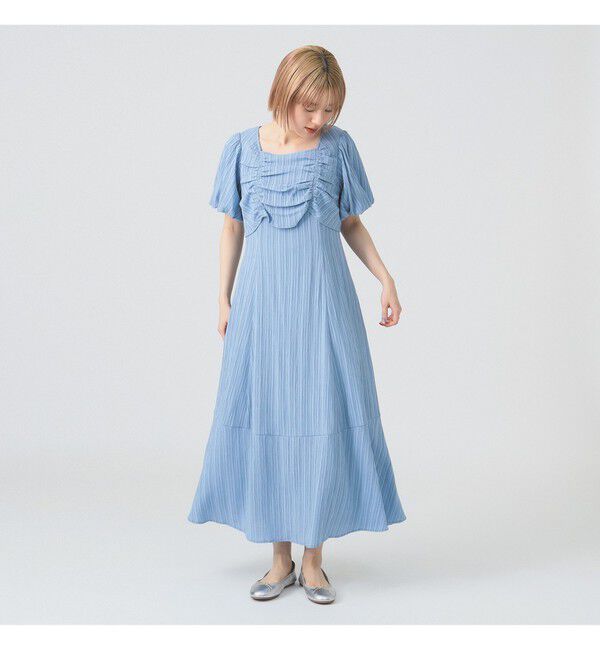 Ray BEAMS 「ジャカード スクエアネック パフスリーブ ワンピース」|ワンピース|BLUE