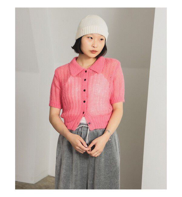 Ray BEAMS 「シャギー メッシュ ポロ カーディガン」|ニット・セーター|PINK
