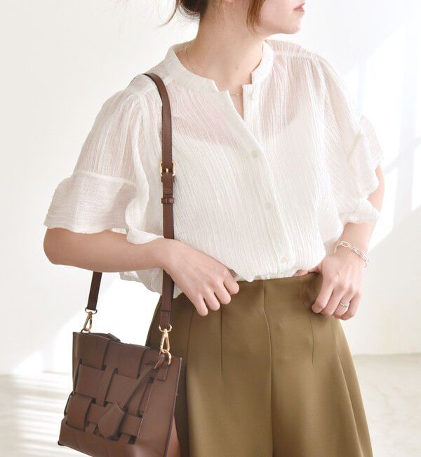 quaranciel「quaranciel:〈洗濯機可能〉スタンドカラー シアー フリル ハーフスリーブ ブラウス」|シャツ・ブラウス|