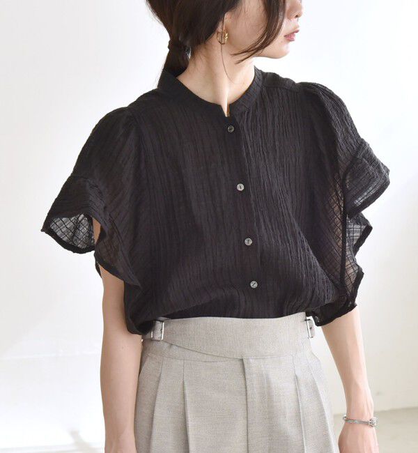 quaranciel「quaranciel:〈洗濯機可能〉スタンドカラー シアー フリル ハーフスリーブ ブラウス」|シャツ・ブラウス|