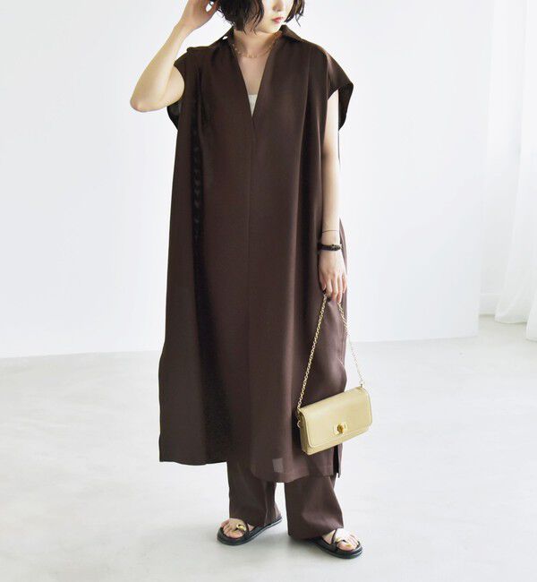 quaranciel「quaranciel:〈洗濯機可能〉リネン ライク スキッパー シャツ ワンピース＆パンツ セットアップ」|ワンピース|ブラウン