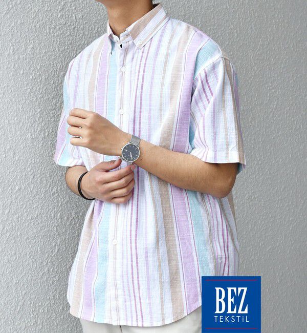 SHIPS any「SHIPS any: BEZ TEXTILE マルチカラー ストライプ/ソリッド ボタンダウン ショートスリーブ シャツ◇」|シャツ・ブラウス|ピンク