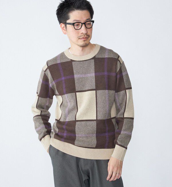 SHIPS「SHIPS:〈洗濯機可能〉 コットン カシミヤ チェック クルーネック ニット」|ニット・セーター|