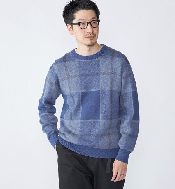 SHIPS「SHIPS:〈洗濯機可能〉 コットン カシミヤ チェック クルーネック ニット」|ニット・セーター|ネイビー