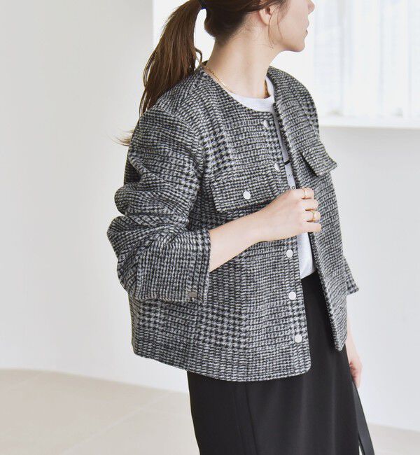 quaranciel「quaranciel: ボンディング チェック ノーカラー ショート ジャケット」|ノーカラーコート|