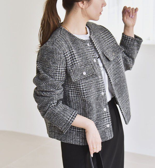 quaranciel「quaranciel: ボンディング チェック ノーカラー ショート ジャケット」|ノーカラーコート|