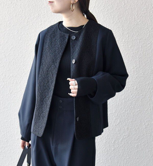 SHIPS any「《追加予約》SHIPS any:〈手洗い可能〉ダブルクロス レース 切替 ノーカラー ジャケット［NAVY BLUE］」|ノーカラージャケット|