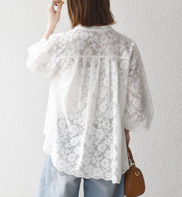 SHIPS any「《一部追加予約》SHIPS any:〈手洗い可能〉フラワー メッシュ レース バンドカラー タック シャツ」|シャツ・ブラウス|