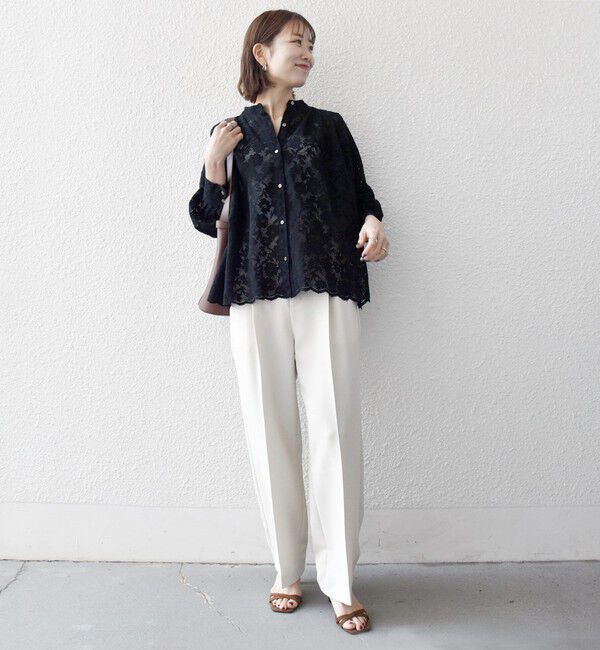 SHIPS any「《一部追加予約》SHIPS any:〈手洗い可能〉フラワー メッシュ レース バンドカラー タック シャツ」|シャツ・ブラウス|